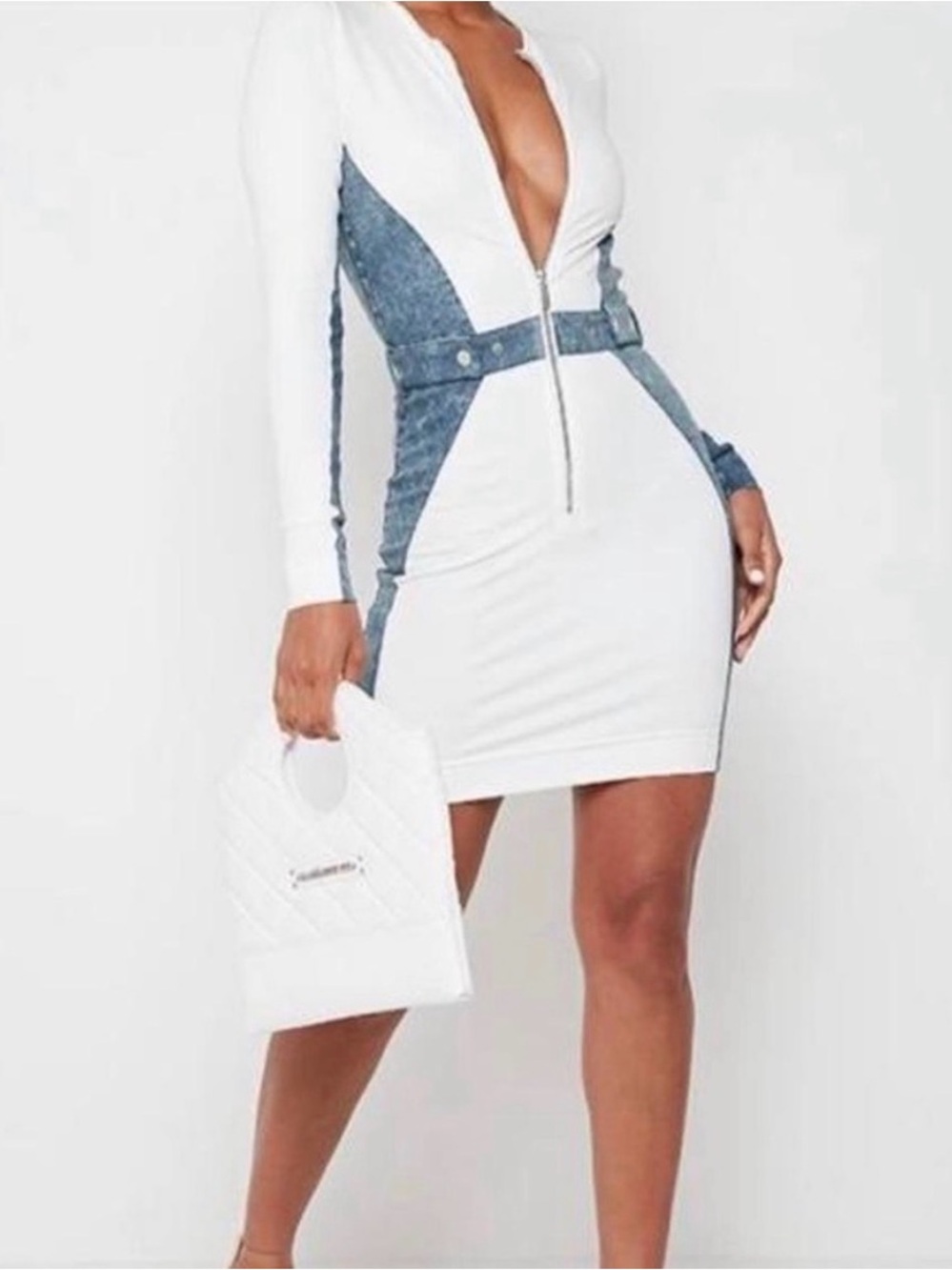 White & Denim Long-Sleeve Bodycon Dress Maniere de Voir